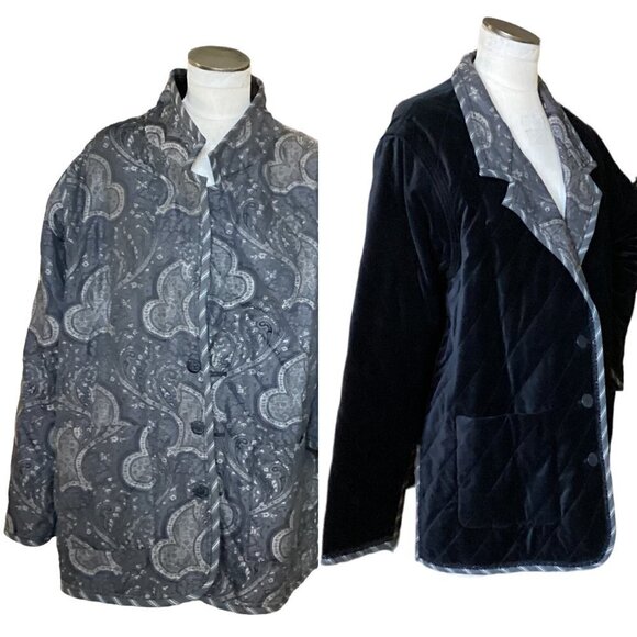 Koos Reversible Jacket Plus Sz 1X Quilted Velvet/Paisley Black Pockets 167K - Picture 1 of 10